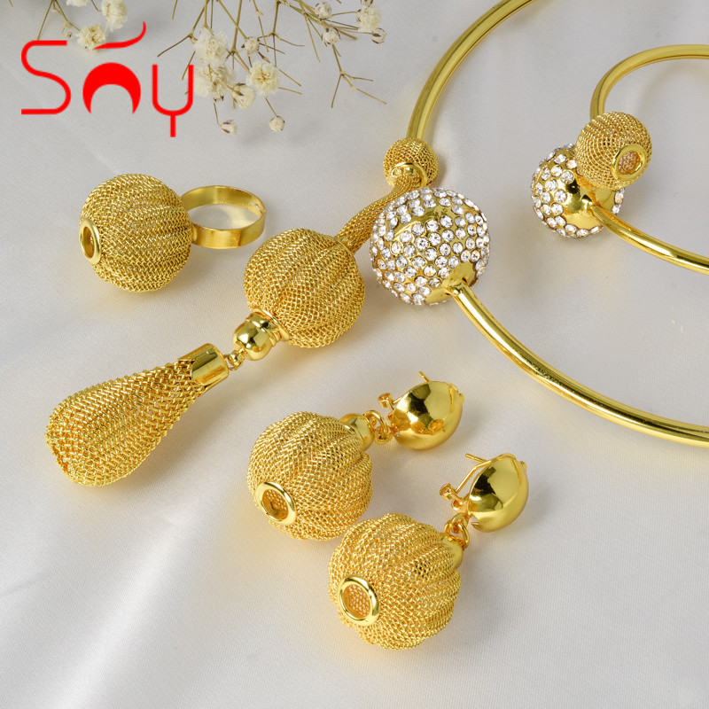 Set de bijuterii însorit, nigerian, brazilian, cercei cu zircon, colier, brăţară, inel pentru femei, cadou romantic la modă