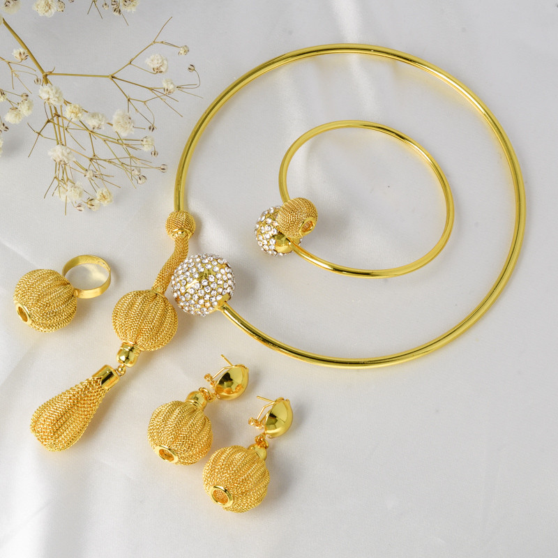 Set de bijuterii însorit, nigerian, brazilian, cercei cu zircon, colier, brăţară, inel pentru femei, cadou romantic la modă