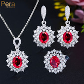 Pera Classy Red Oval Shape CZ Zircon Big Flower Pandantiv colier și cercei Fashion Costume Party Bijuterii Seturi pentru doamne J179