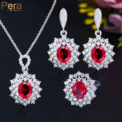 Pera Classy Червена овална форма CZ Zircon Голямо цвете с висулка Колие и обеци Модни костюми Парти комплекти бижута за дами J179