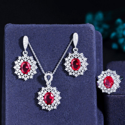 Pera Classy Red Oval Shape CZ Zircon Big Flower Pandantiv colier și cercei Fashion Costume Party Bijuterii Seturi pentru doamne J179