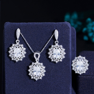 Pera Classy Red Oval Shape CZ Zircon Big Flower Pandantiv colier și cercei Fashion Costume Party Bijuterii Seturi pentru doamne J179