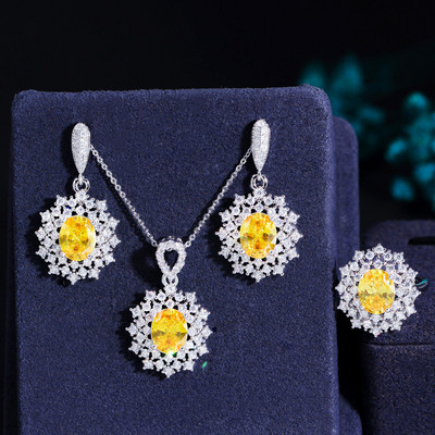 Pera Classy Red Oval Shape CZ Zircon Big Flower Pandantiv colier și cercei Fashion Costume Party Bijuterii Seturi pentru doamne J179