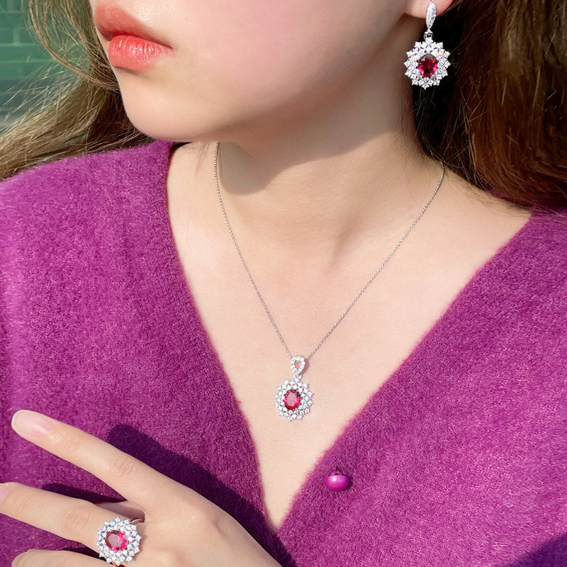 Pera Classy Red Oval Shape CZ Zircon Big Flower Pandantiv colier și cercei Fashion Costume Party Bijuterii Seturi pentru doamne J179