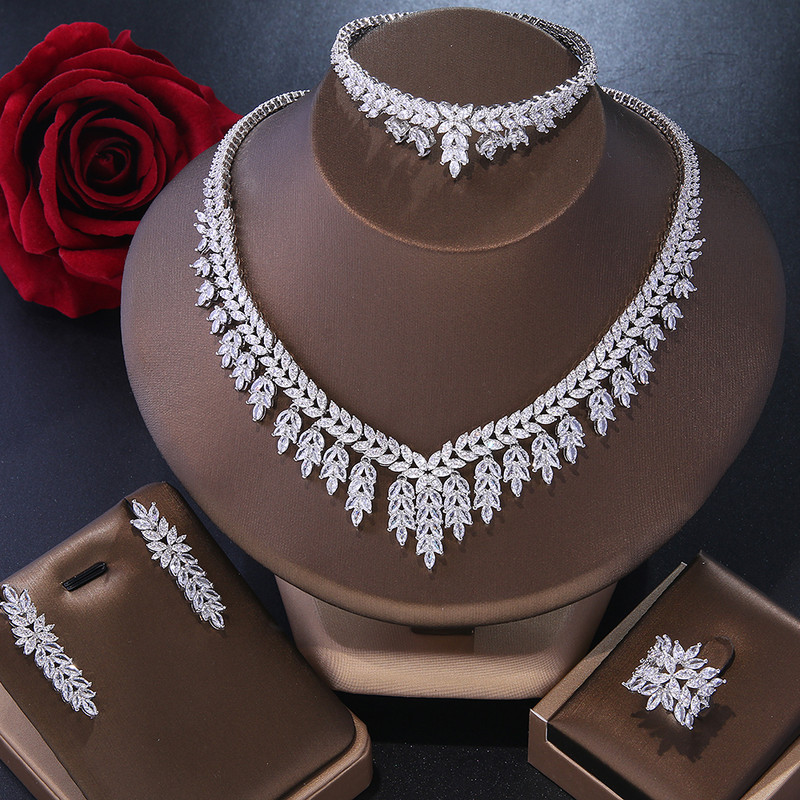 CANPEL Colier de lux cu frunze de zirconiu strălucitor, cercei, inele, brățări, set pentru femei, picătură CZ, seturi de bijuterii de nuntă de mireasă fierbinte