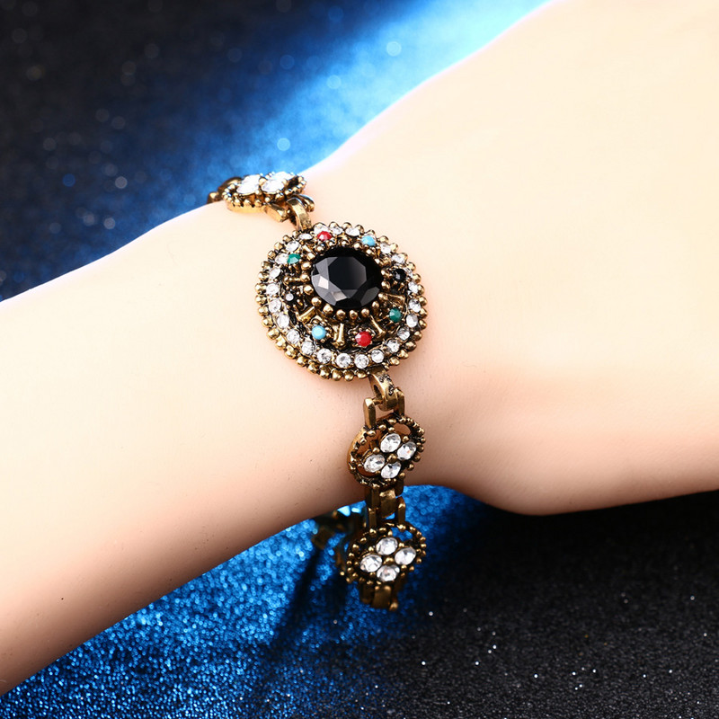 Kinel Bijuterii vintage Stes Brățări de culoare aurie Brățară și inel din rășină AAA neagră pentru femei Cadou cu cristal mozaic