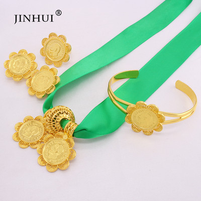 Seturi de bijuterii de lux etiopiene Cercei placați cu aur Inel Brățar Pandantiv Lanț de frânghie roșie pentru femei Eritrean African Mireasa Nunta