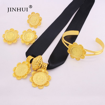 Seturi de bijuterii de lux etiopiene Cercei placați cu aur Inel Brățar Pandantiv Lanț de frânghie roșie pentru femei Eritrean African Mireasa Nunta