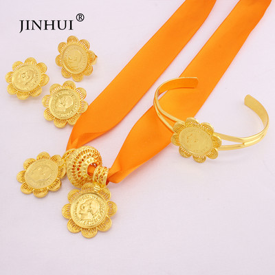 Seturi de bijuterii de lux etiopiene Cercei placați cu aur Inel Brățar Pandantiv Lanț de frânghie roșie pentru femei Eritrean African Mireasa Nunta