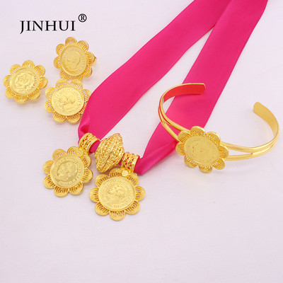 Seturi de bijuterii de lux etiopiene Cercei placați cu aur Inel Brățar Pandantiv Lanț de frânghie roșie pentru femei Eritrean African Mireasa Nunta