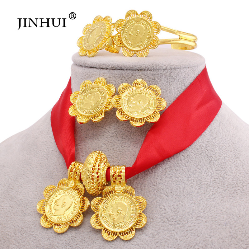 Seturi de bijuterii de lux etiopiene Cercei placați cu aur Inel Brățar Pandantiv Lanț de frânghie roșie pentru femei Eritrean African Mireasa Nunta