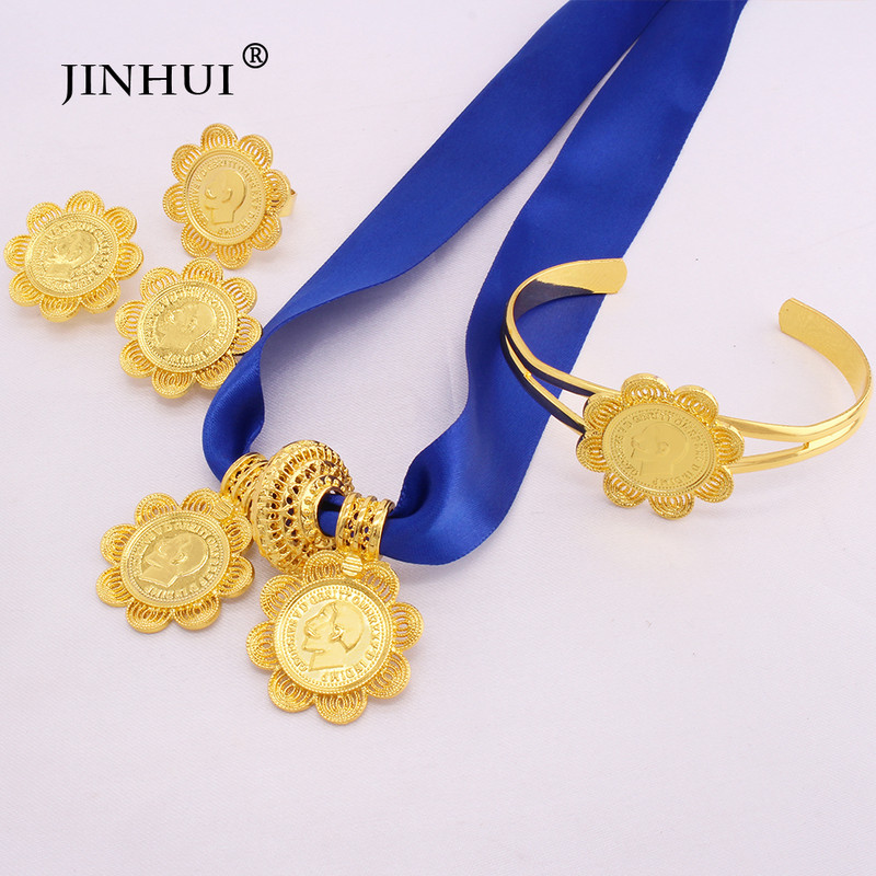 Seturi de bijuterii de lux etiopiene Cercei placați cu aur Inel Brățar Pandantiv Lanț de frânghie roșie pentru femei Eritrean African Mireasa Nunta