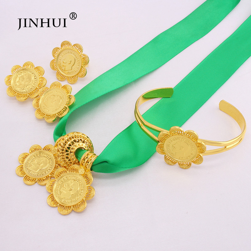 Seturi de bijuterii de lux etiopiene Cercei placați cu aur Inel Brățar Pandantiv Lanț de frânghie roșie pentru femei Eritrean African Mireasa Nunta