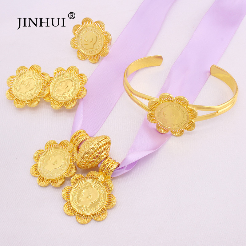 Seturi de bijuterii de lux etiopiene Cercei placați cu aur Inel Brățar Pandantiv Lanț de frânghie roșie pentru femei Eritrean African Mireasa Nunta