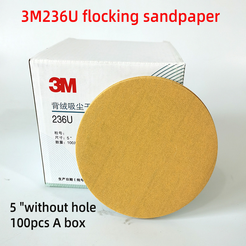 Valódi 3M236U5 "nem perforált száraz csiszolópapír 125 mm-es kerek pelyhesedő sárga homokos autófényezés Csiszolás Otthoni fapolírozás Kopásálló