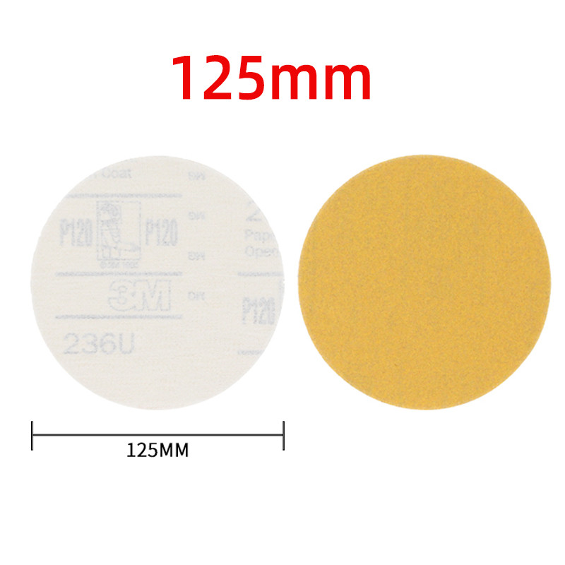 Valódi 3M236U5 "nem perforált száraz csiszolópapír 125 mm-es kerek pelyhesedő sárga homokos autófényezés Csiszolás Otthoni fapolírozás Kopásálló