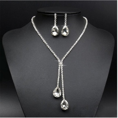 Culoarea cafelei Picătură pătrată cu stras pandantiv lung Colier și cercei placat cu argint cu cristal complet Set de bijuterii de nuntă pentru femeie