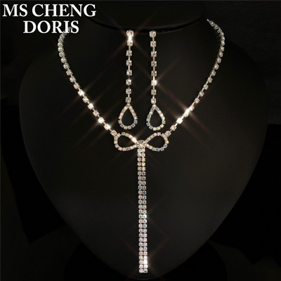 Culoarea cafelei Picătură pătrată cu stras pandantiv lung Colier și cercei placat cu argint cu cristal complet Set de bijuterii de nuntă pentru femeie