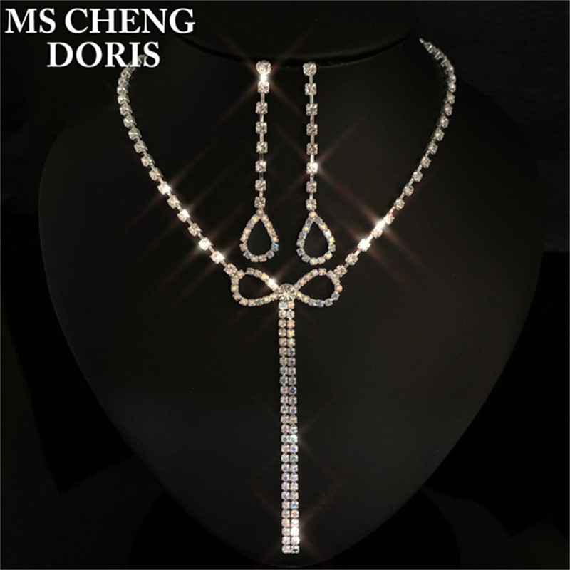 Culoarea cafelei Picătură pătrată cu stras pandantiv lung Colier și cercei placat cu argint cu cristal complet Set de bijuterii de nuntă pentru femeie