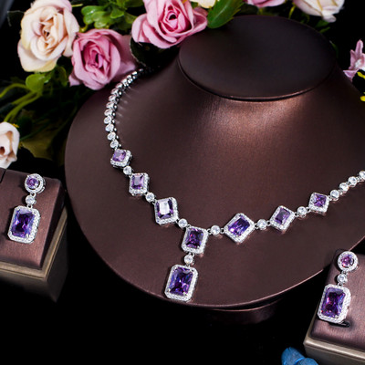 Set de bijuterii mov rafinat BeaQueen, dreptunghi mare strălucitor, piatră CZ, colier lung cu pandantiv, cercei pentru femei, cadou de petrecere de nuntă S332