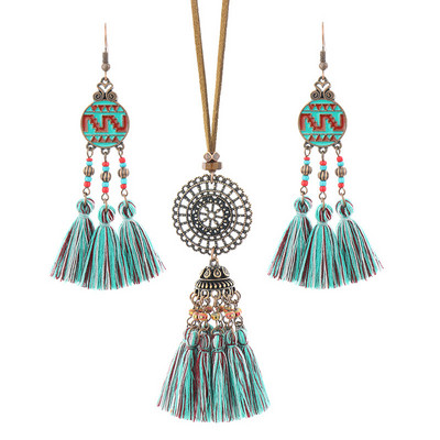 Set de bijuterii în stil național pentru femei, colier și cercei din frânghie lungi din piele, din aliaj antic, cu ciucuri
