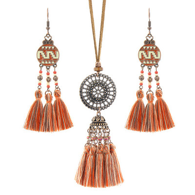 Set de bijuterii în stil național pentru femei, colier și cercei din frânghie lungi din piele, din aliaj antic, cu ciucuri