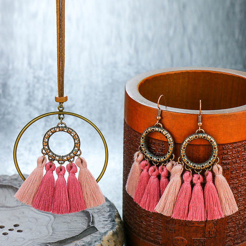 Set de bijuterii în stil național pentru femei, colier și cercei din frânghie lungi din piele, din aliaj antic, cu ciucuri