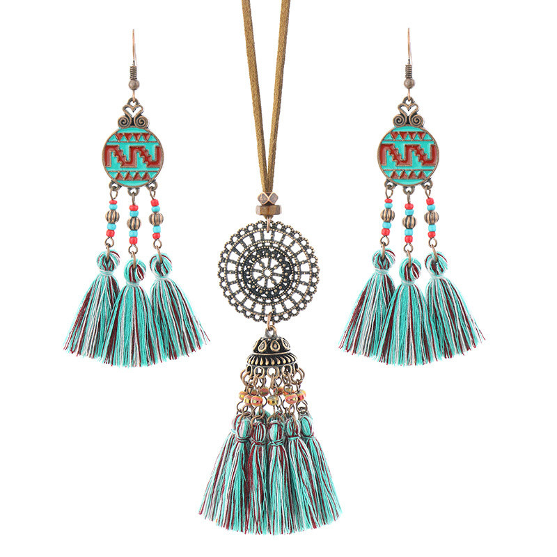 Set de bijuterii în stil național pentru femei, colier și cercei din frânghie lungi din piele, din aliaj antic, cu ciucuri