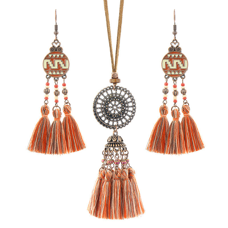 Set de bijuterii în stil național pentru femei, colier și cercei din frânghie lungi din piele, din aliaj antic, cu ciucuri