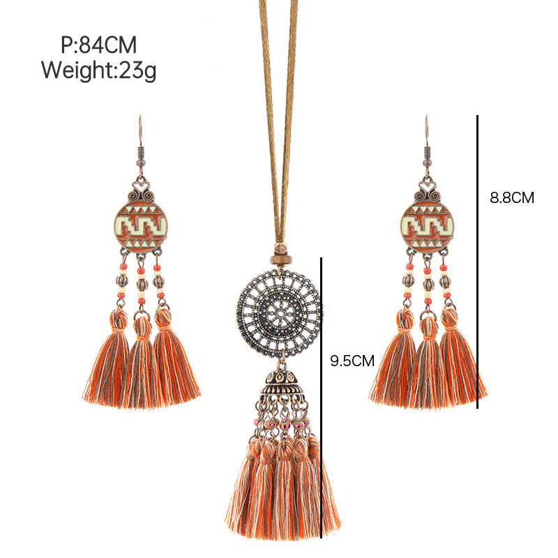 Set de bijuterii în stil național pentru femei, colier și cercei din frânghie lungi din piele, din aliaj antic, cu ciucuri