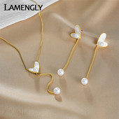 LAMENGLY 316L din oțel inoxidabil inimă dragoste perle colier pandantiv cercei cu picătură pentru femei set de bijuterii pentru fete, cadou de aniversare