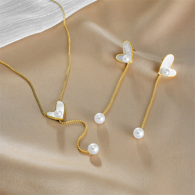 LAMENGLY 316L din oțel inoxidabil inimă dragoste perle colier pandantiv cercei cu picătură pentru femei set de bijuterii pentru fete, cadou de aniversare