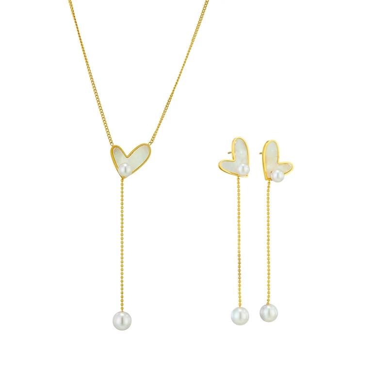 LAMENGLY 316L din oțel inoxidabil inimă dragoste perle colier pandantiv cercei cu picătură pentru femei set de bijuterii pentru fete, cadou de aniversare