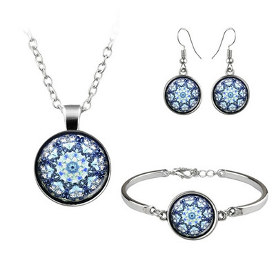 Set de bijuterii Fotografie Artă Mandala Floare Cabochon Colier pandantiv din sticlă Brățară cercei Total 4 bucăți pentru cadouri unice pentru femei