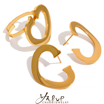 Yhpup Set de cercei inel din metal cu farmec inimă din oțel inoxidabil PVD, impermeabil, auriu, minimalist, temperament, bijuterii de declarație