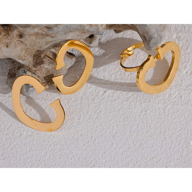 Yhpup Set de cercei inel din metal cu farmec inimă din oțel inoxidabil PVD, impermeabil, auriu, minimalist, temperament, bijuterii de declarație
