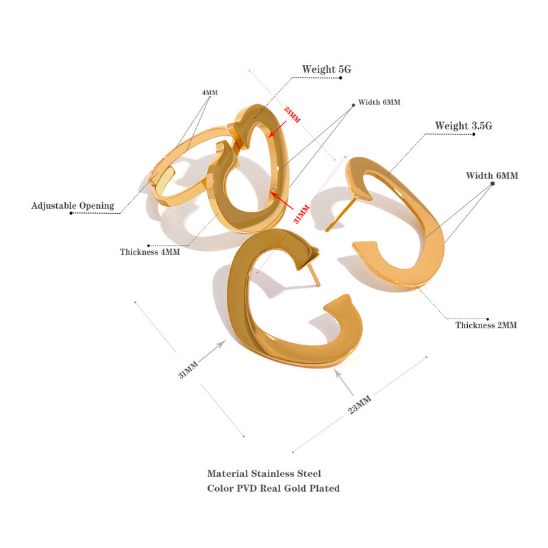 Yhpup Set de cercei inel din metal cu farmec inimă din oțel inoxidabil PVD, impermeabil, auriu, minimalist, temperament, bijuterii de declarație