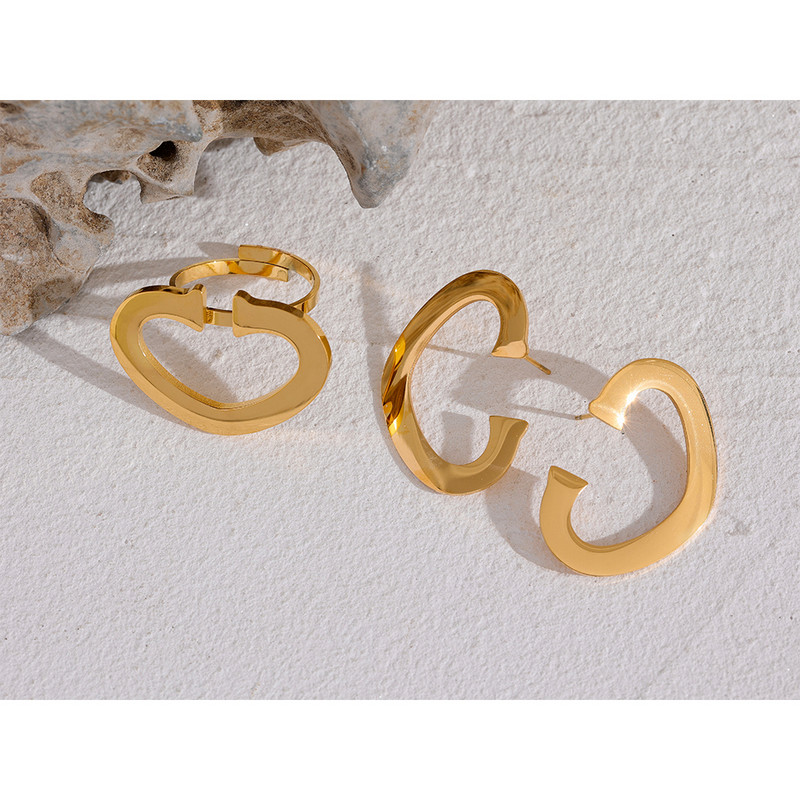 Yhpup Set de cercei inel din metal cu farmec inimă din oțel inoxidabil PVD, impermeabil, auriu, minimalist, temperament, bijuterii de declarație