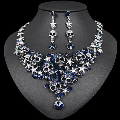 Vintage Crystal Skull Ékszerkészletek Punk Statement Nyaklánc Fülbevaló Retro Csontváz Gótikus Halloween Party Kiegészítők Női