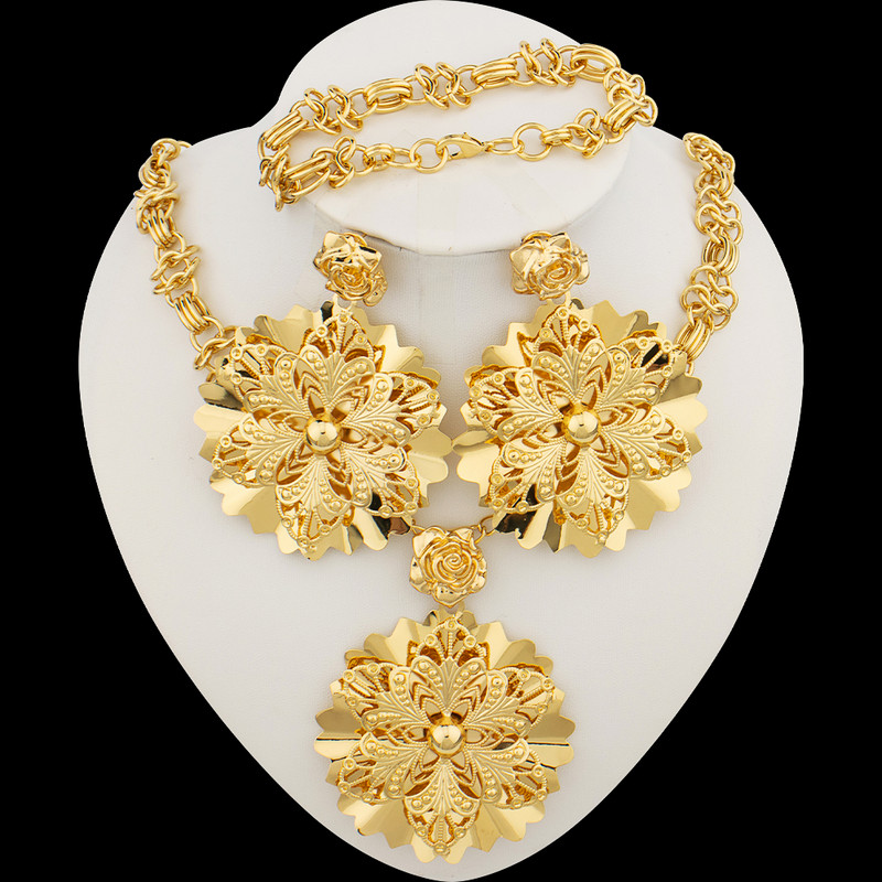 Exagerați bijuterii pentru logodnă Colier cu pandantiv mare și cercei cu picătură de flori de lux pentru mireasă Set de bijuterii placate cu aur pentru petrecere