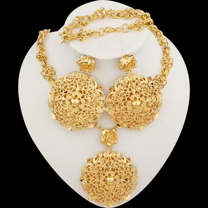 Exagerați bijuterii pentru logodnă Colier cu pandantiv mare și cercei cu picătură de flori de lux pentru mireasă Set de bijuterii placate cu aur pentru petrecere