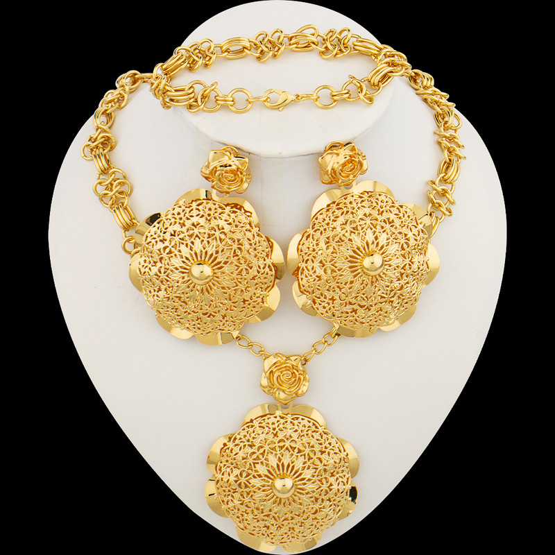 Exagerați bijuterii pentru logodnă Colier cu pandantiv mare și cercei cu picătură de flori de lux pentru mireasă Set de bijuterii placate cu aur pentru petrecere