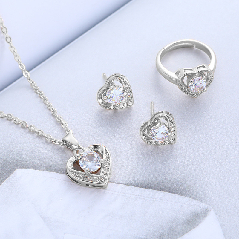 Безплатна доставка Гореща разпродажба, модно сърце, цирконий, пръстен, обеца, колие, сватбена булчинска елегантен циркониев комплект бижута, подарък за Свети Валентин