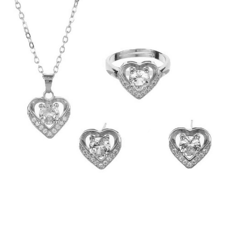 Безплатна доставка Гореща разпродажба, модно сърце, цирконий, пръстен, обеца, колие, сватбена булчинска елегантен циркониев комплект бижута, подарък за Свети Валентин