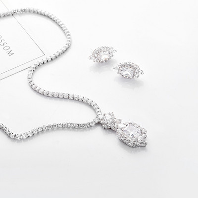 Cub de bijuterii de calitate de lux din zirconiu Set de colier cu pandantiv pătrat geometric de nuntă de lux Set de bijuterii de mireasă pentru cadou de petrecere