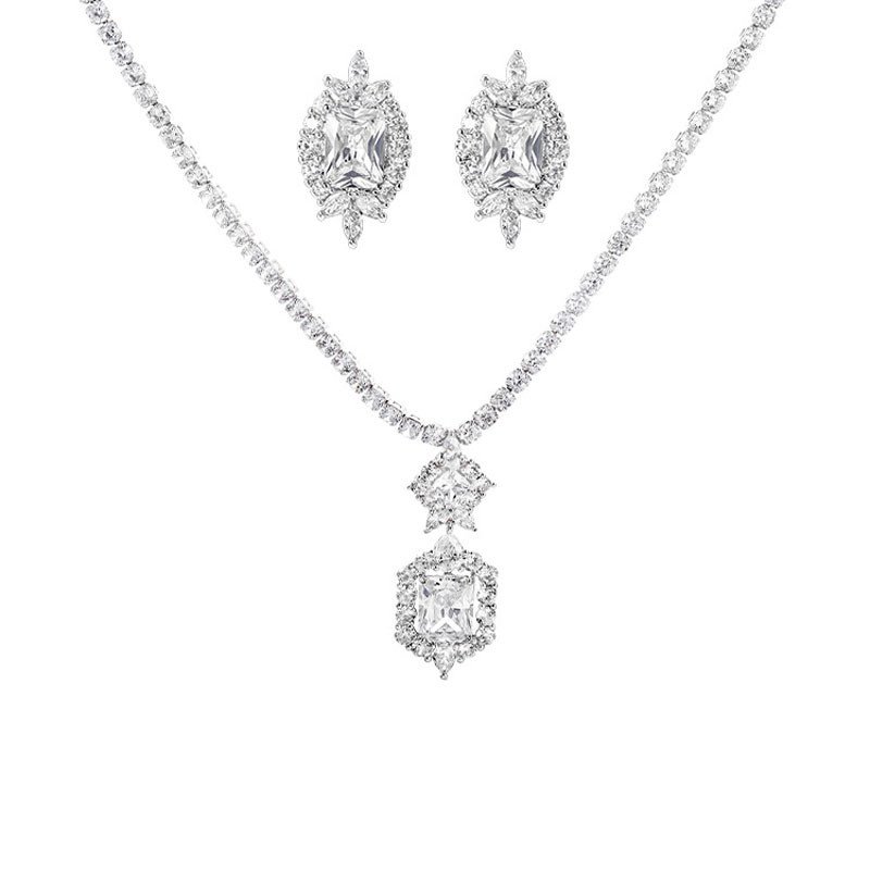 Cub de bijuterii de calitate de lux din zirconiu Set de colier cu pandantiv pătrat geometric de nuntă de lux Set de bijuterii de mireasă pentru cadou de petrecere