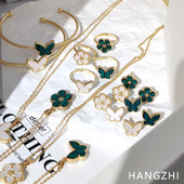 HANGZHI 3 buc/set clasic verde alb dublu fețe fluture floare fritillary metal set bijuterii pentru femei cadou de petrecere