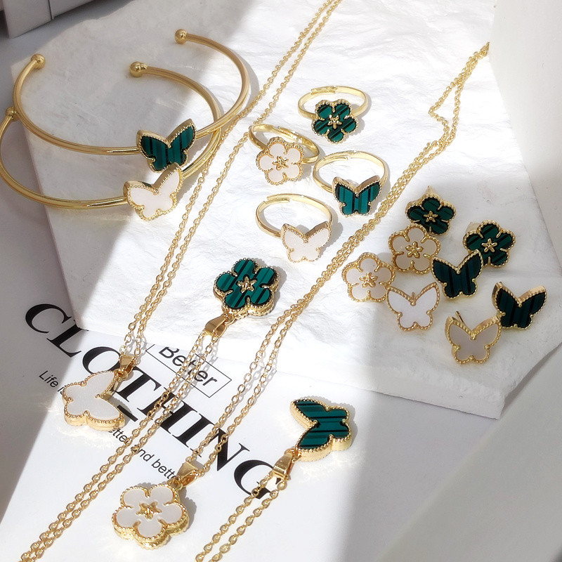 HANGZHI 3 buc/set clasic verde alb dublu fețe fluture floare fritillary metal set bijuterii pentru femei cadou de petrecere