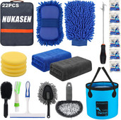NUKASEN 22Pcs Комплект инструменти за почистване на автомивка Комплект за детайли на автомобила Сгъваема кофа Wash Wash Mitt Гъба Кърпи Четка за гуми Комплект за грижа за автомобила