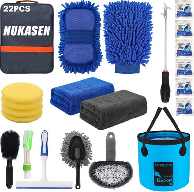 NUKASEN 22Pcs Car Wash Cleaning Tools Kit Car Detailing Set Collapsible Bucket Wash Mitt Sponge Towels Tire Brush Car Care Kit